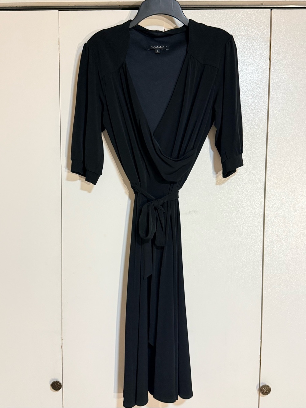Laundry by Shelli Segal Black Midi Dress Wrap V Neck Tie Waist Size 8 - Picture 2 of 11